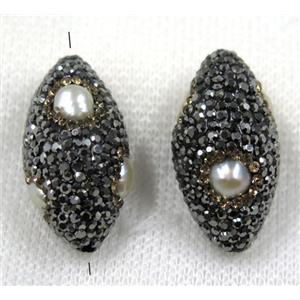 white pearl bead paved black rhinestone, rice, approx 15-33mm [GMPDA7621]