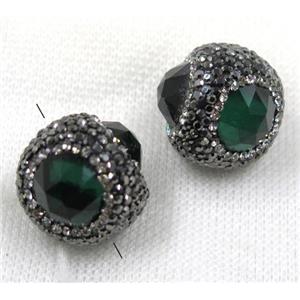 green crystal glass beads pave black rhinestone, round, approx 25mm dia [GMPDA7625]