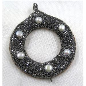 white pearl connector paved black rhinestone, donut, approx 60mm dia [GMPDA7648]