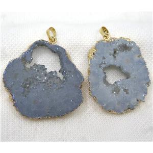 gray-blue druzy agate slice pendant, freeform, gold plated, approx 30-50mm [GMPDA7691]