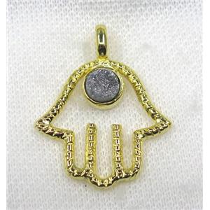 silver druzy agate pendant, hamsahand, alloy, gold plated, approx 30-45mm, 8mm [GMPDA7694]