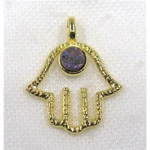 rainbow druzy agate pendant, hamsahand, alloy, gold plated, approx 30-45mm, 8mm [GMPDA7695]