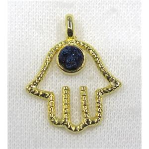 blue druzy agate pendant, hamsahand, alloy, gold plated, approx 30-45mm, 8mm [GMPDA7696]