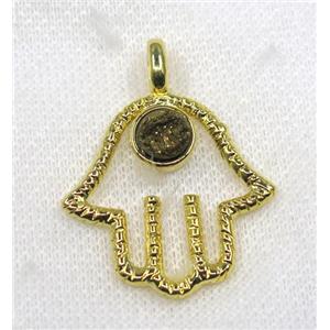 golden druzy agate pendant, hamsahand, alloy, gold plated, approx 30-45mm, 8mm [GMPDA7698]