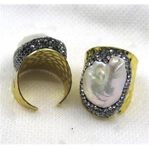 white Pearl cuff ring pave rhinestone, alloy, gold plated, approx 20mm, 12-25mm [GMPDA7719]