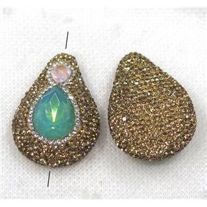 green crystal glass bead paved yellow rhinestone, teardrop, approx 25-40mm [GMPDA7734]