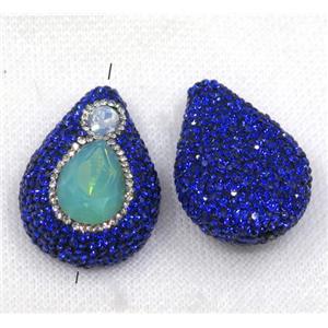 green crystal glass bead paved blue rhinestone, teardrop, approx 25-40mm [GMPDA7735]