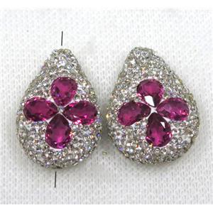 hotpink crystal glass bead paved white rhinestone, teardrop, approx 25-40mm [GMPDA7736]