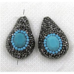 blue crystal glass beads paved black rhinestone, teardrop, approx 20-28mm [GMPDA7738]