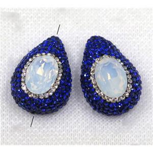 white opalite crystal glass beads paved blue rhinestone, teardrop, approx 20-28mm [GMPDA7740]