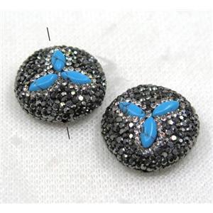 blue turquoise bead paved black rhinestone, flat round, approx 25mm dia [GMPDA7746]