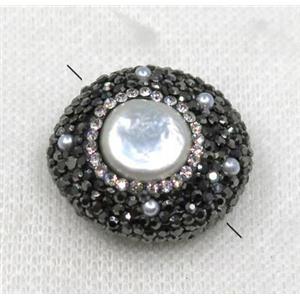 white pearl beads paved black rhinestone, flat round, approx 25mm dia [GMPDA7748]