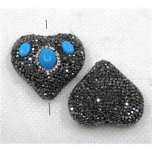 blue turquoise beads paved black rhinestone, heart, approx 34mm wide [GMPDA7749]