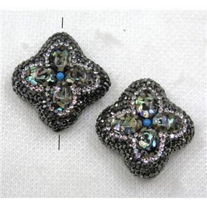 Paua Abalone shell beads paved black rhinestone, four-leaf Clover, approx 26x26mm [GMPDA7750]