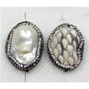 white pearl beads paved rhinestone, freeform, white snakeskin, approx 22-30mm [GMPDA7755]