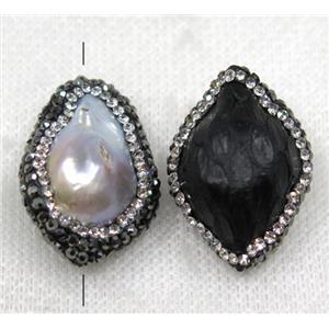 white pearl bead paved rhinestone, freeform, black snakeskin, approx 22-30mm [GMPDA7756]