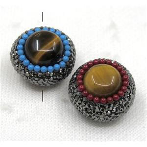 tiger eye stone bead paved rhinestone, flat round, approx 20x25mm [GMPDA7758]