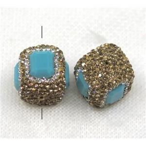 blue crystal glass bead paved yellow rhinestone, cube, approx 18x18mm [GMPDA7759]