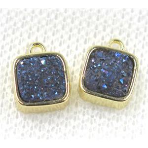 blue druzy quartz pendant, square, gold plated, approx 8x8mm [GMPDA7787]
