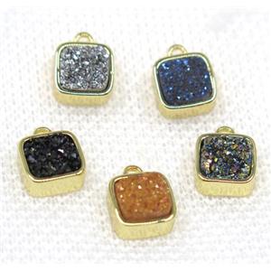 druzy quartz pendant, mix color, square, gold plated, approx 8x8mm [GMPDA7792]