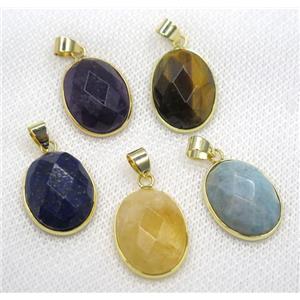 mix gemstone pendant, faceted oval, gold plated, approx 15x20mm [GMPDA7846]