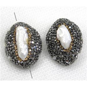 white pearl beads paved black rhinestone, oval, approx 20-30mm [GMPDA7872]