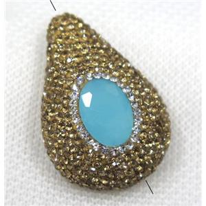 blue crystal glass beads paved yellow rhinestone, teardrop, approx 25-38mm [GMPDA7899]