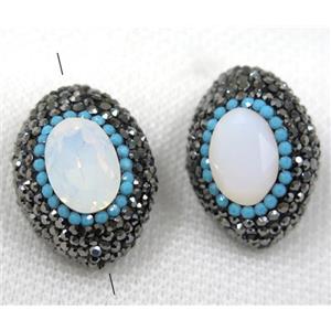 white crystal glass opalite bead paved black rhinestone, oval, approx 20-28mm [GMPDA7905]