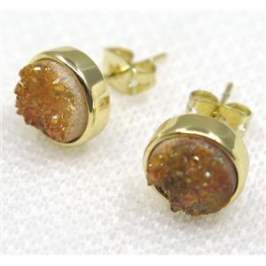 gold champagne druzy quartz earring studs, flat round, approx 8mm dia [GMPDA7928]
