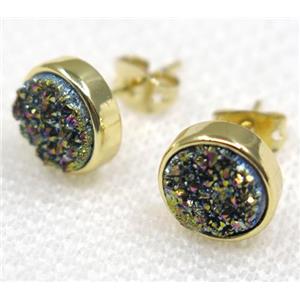 rainbow druzy quartz earring studs, flat round, approx 8mm dia [GMPDA7930]