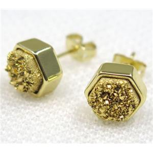 golden druzy quartz earring studs, hexagon, approx 8mm dia [GMPDA7931]