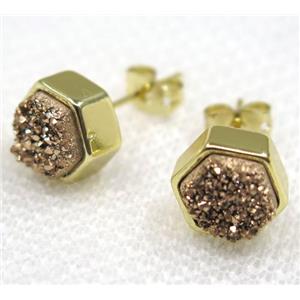 coffee druzy quartz earring studs, hexagon, approx 8mm dia [GMPDA7932]