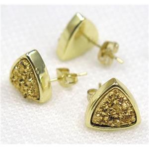 golden druzy quartz earring studs, triangle, approx 10mm dia [GMPDA7934]