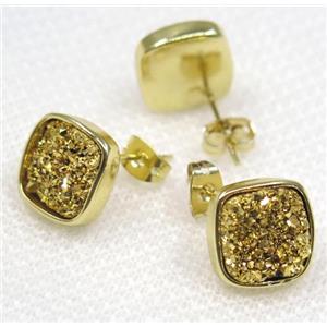 golden druzy quartz earring studs, square, approx 10x10mm [GMPDA7936]