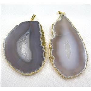 gray agate druzy slice pendant, geode, freeform, gold plated, approx 20-70mm [GMPDA7938]