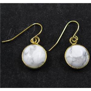 white turquoise howlite earring, flat round, gold plated, approx 13mm dia [GMPDA7967]