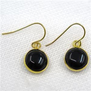 black agate earring, flat round, gold plated, approx 13mm dia [GMPDA7968]