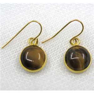 yellow Tiger eye stone earring, flat round, gold plated, approx 13mm dia [GMPDA7969]