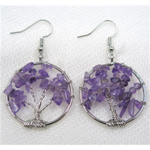 Tree of life earring with purple Amethyst chips, platinum, approx 30mm dia [GMPDA7976]