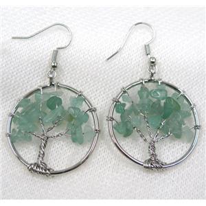 Tree of life earring with green aventurine chips bead, platinum, approx 30mm dia [GMPDA7977]