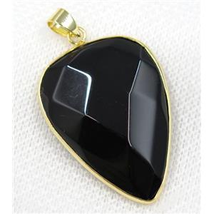 black Agate pendant, faceted teardrop, gold plated, approx 25-35mm [GMPDA8008]
