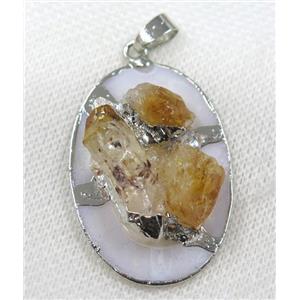 yellow Citrine oval pendant, silver plated, approx 25-40mm [GMPDA8023]