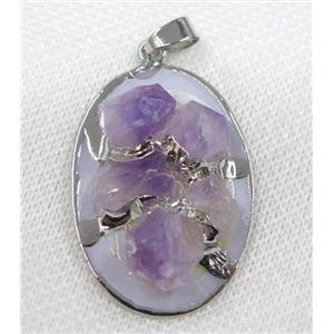 purple Amethyst oval pendant, silver plated, approx 25-40mm [GMPDA8024]