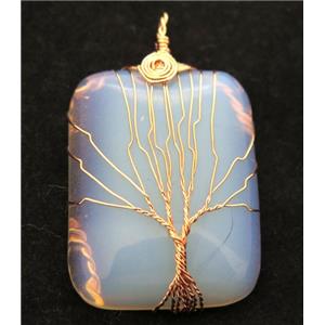 White Opalite Rectangle Pendant Tree Of Life Wire Wrapped Rose Gold, approx 30x40mm [GMPDA8028]