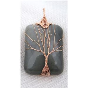 Indian Agate Rectangle Pendant Tree Of Life Wire Wrapped Rose Gold, approx 30x40mm [GMPDA8030]