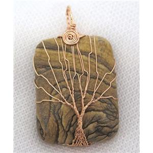 Picture Jasper Rectangle Pendant Tree Of Life Wire Wrapped Rose Gold, approx 30x40mm [GMPDA8031]