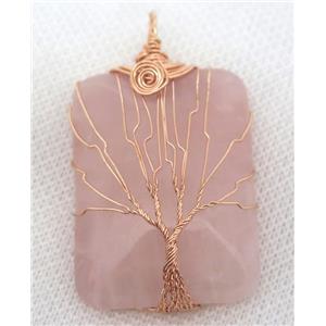 Pink Rose Quartz Rectangle Pendant Tree Of Life Wire Wrapped Rose Gold, approx 30x40mm [GMPDA8032]