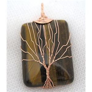 Tiger Eye Stone Rectangle Pendant Tree Of Life Wire Wrapped Rose Gold, approx 30x40mm [GMPDA8033]