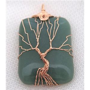 Green Aventurine Rectangle Pendant Tree Of Life Wire Wrapped Rose Gold, approx 30x40mm [GMPDA8035]