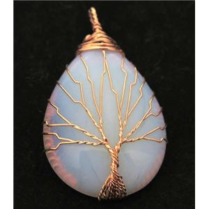 White Opalite Teardrop Pendant Tree Of Life Wire Wrapped Rose Gold, approx 30x40mm [GMPDA8038]